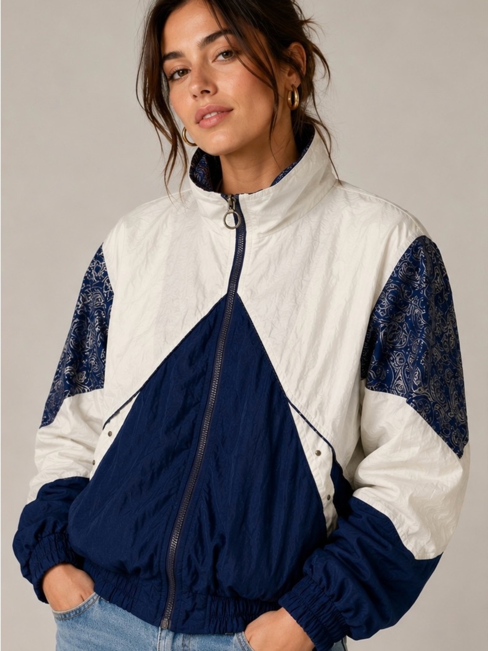 Navy and White Bomber Jacket with Paisley Accent size M